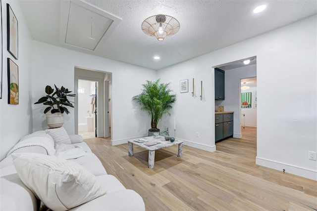 living room with light hardwood / wood-style flooring and a textured ceiling