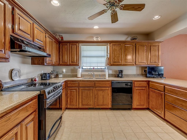 kitchen featuring electric range, sink, ceiling fan, black dishwasher, and extractor fan