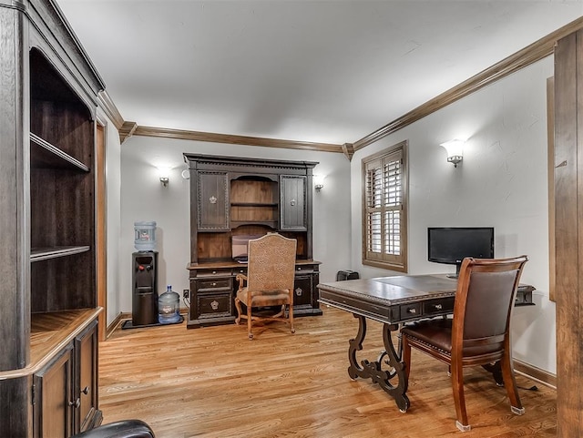 office featuring light hardwood / wood-style floors and ornamental molding