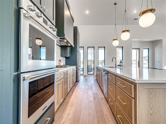 kitchen with a center island with sink, wall chimney range hood, sink, light hardwood / wood-style floors, and stainless steel appliances