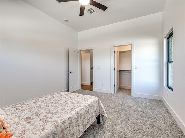 carpeted bedroom featuring ceiling fan, a spacious closet, and a closet