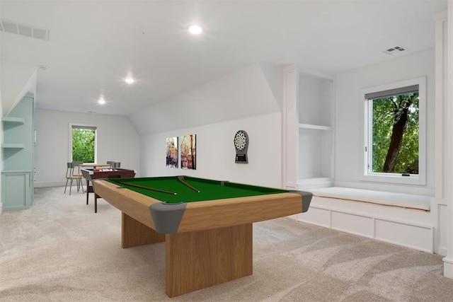 recreation room with light carpet, plenty of natural light, lofted ceiling, and billiards