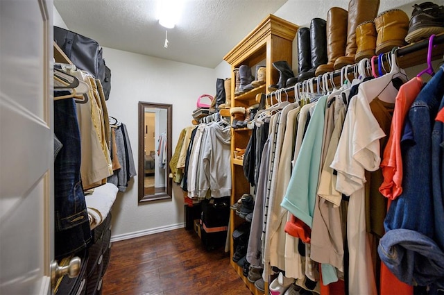 walk in closet with wood finished floors