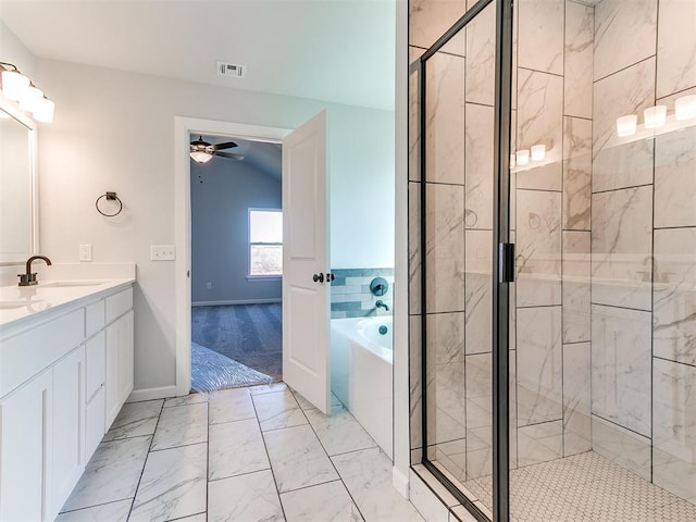 bathroom with plus walk in shower, vanity, ceiling fan, and lofted ceiling