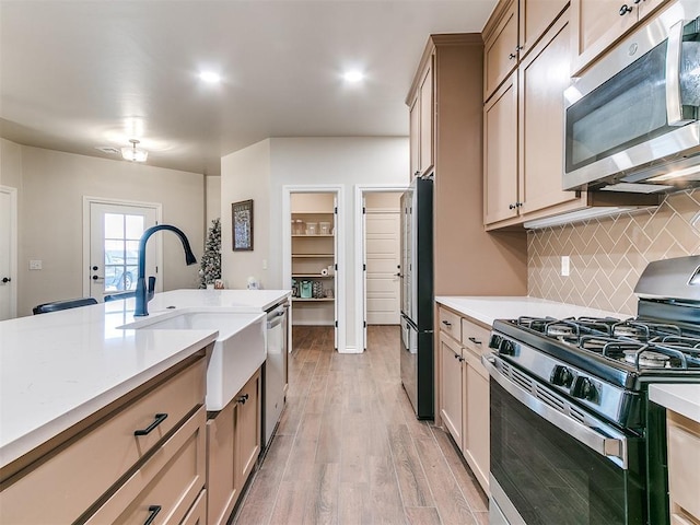 kitchen with decorative backsplash, stainless steel appliances, light hardwood / wood-style floors, and sink