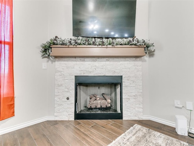 room details with hardwood / wood-style flooring and a fireplace