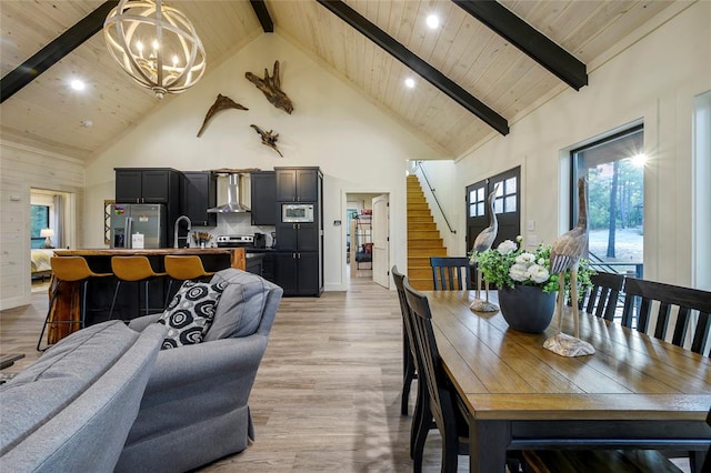 dining space with wooden ceiling, light hardwood / wood-style flooring, high vaulted ceiling, beamed ceiling, and a chandelier