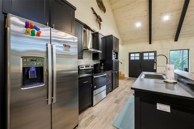 kitchen with sink, vaulted ceiling with beams, appliances with stainless steel finishes, light hardwood / wood-style floors, and wood ceiling