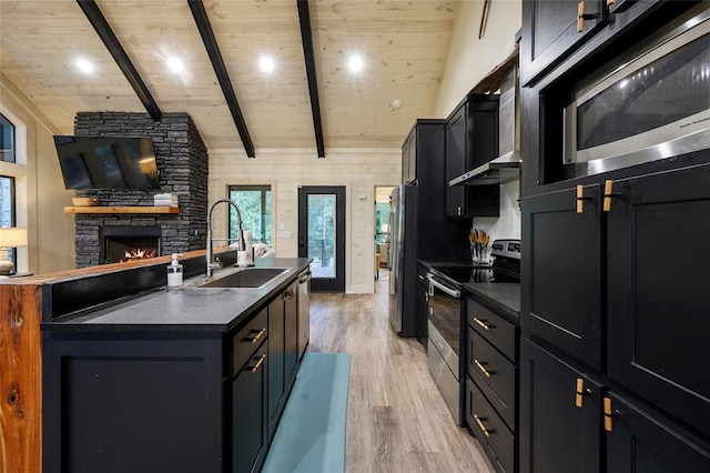 kitchen with sink, stainless steel appliances, vaulted ceiling with beams, light hardwood / wood-style floors, and wooden walls