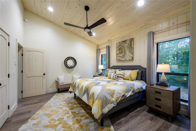 bedroom featuring wooden ceiling, dark hardwood / wood-style floors, ceiling fan, and lofted ceiling