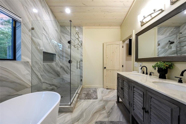 119 Secluded Cir, Broken Bow, OK 74728 - full bathroom featuring a marble finish shower, a soaking tub, wood ceiling, marble look tiles, and double vanity