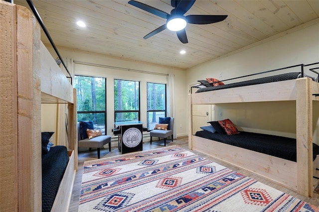 119 Secluded Cir, Broken Bow, OK 74728 - bedroom featuring wooden ceiling, wood finished floors, recessed lighting, and a ceiling fan