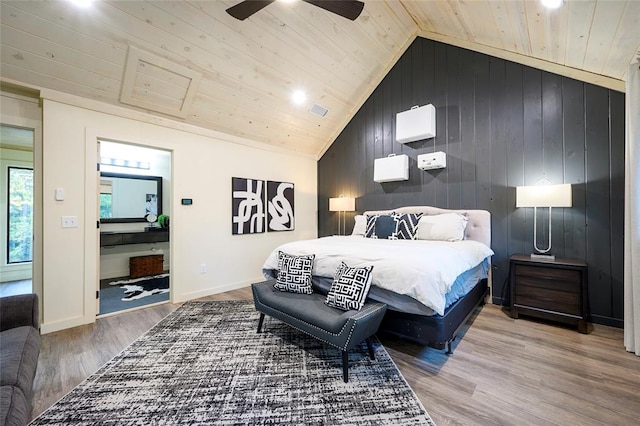 bedroom with vaulted ceiling, ceiling fan, wooden ceiling, hardwood / wood-style floors, and wood walls