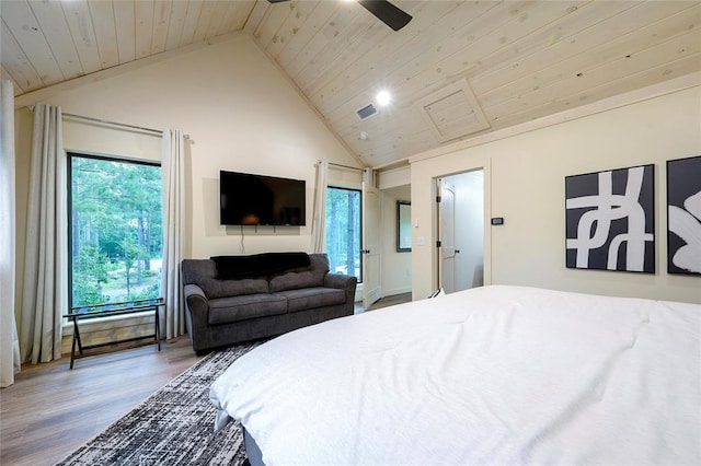 bedroom featuring ceiling fan, wooden ceiling, lofted ceiling, and hardwood / wood-style flooring