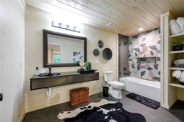 full bathroom featuring toilet, tiled shower / bath combo, tile patterned floors, and wood ceiling