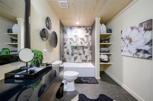 bathroom featuring built in shelves, wood ceiling,  shower combination, and toilet