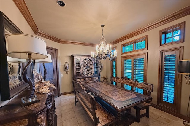 dining area with ornamental molding and an inviting chandelier