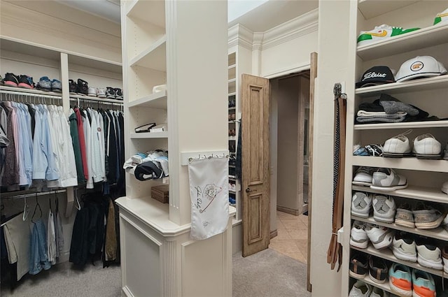 walk in closet with light colored carpet