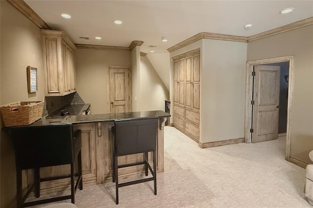 bar featuring light colored carpet and crown molding