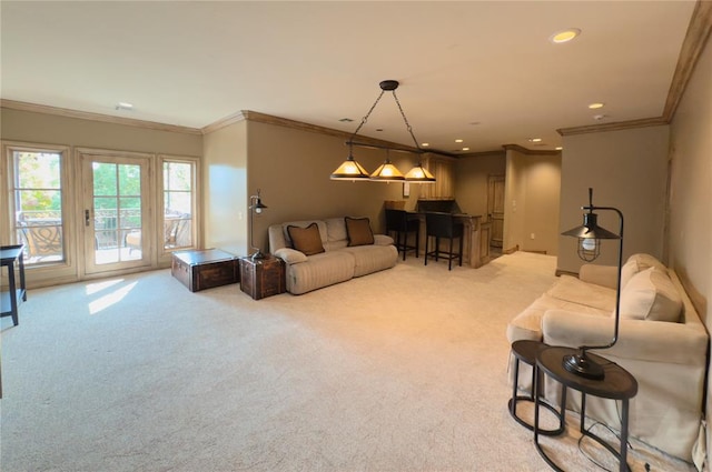 carpeted living room with crown molding