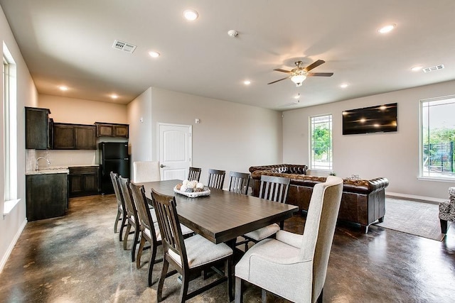 dining area with ceiling fan, a healthy amount of sunlight, and sink