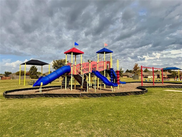 view of play area featuring a lawn