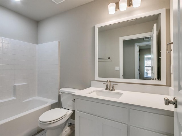 full bathroom with toilet, vanity, and bathing tub / shower combination