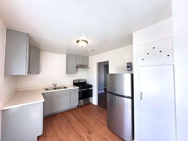 kitchen with gray cabinetry, light wood-type flooring, sink, and appliances with stainless steel finishes