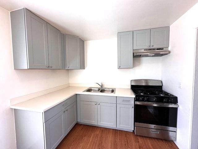 kitchen with stainless steel gas stove, hardwood / wood-style flooring, gray cabinets, and sink