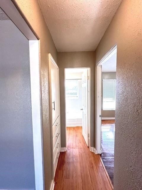 corridor featuring wood-type flooring and a textured ceiling