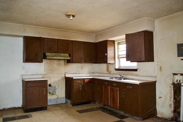 kitchen featuring a textured ceiling, dark brown cabinets, and sink