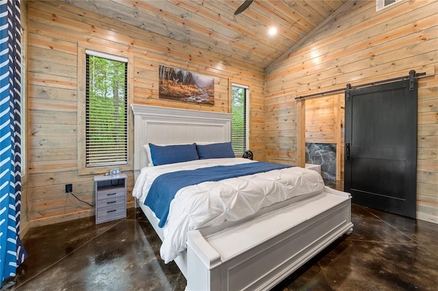 bedroom featuring a barn door, vaulted ceiling, wood ceiling, and wood walls