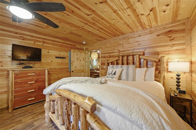 bedroom with wood walls, wood-type flooring, and wood ceiling