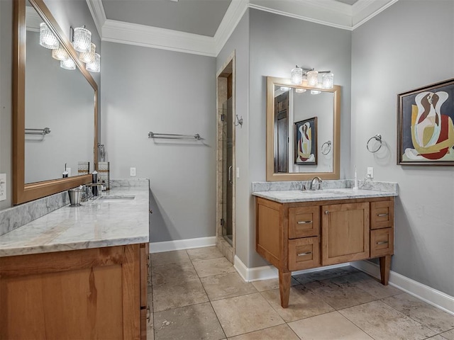 bathroom featuring crown molding, tile patterned flooring, vanity, and an enclosed shower