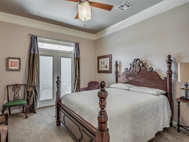 bedroom with ceiling fan, crown molding, and multiple windows