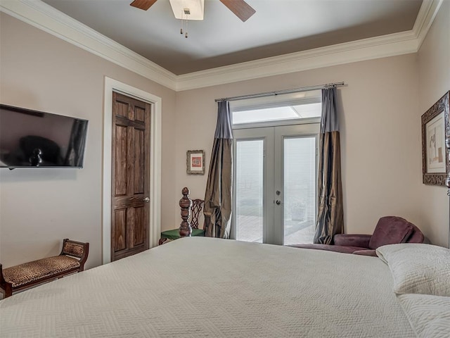 bedroom featuring ceiling fan, access to exterior, crown molding, and french doors