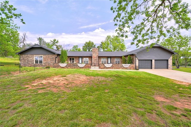 ranch-style home with a garage and a front lawn