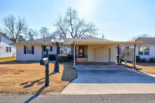 single story home featuring a carport and a garage