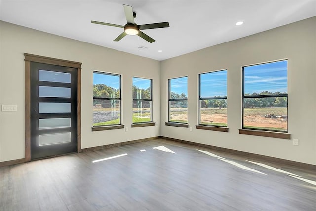 spare room featuring ceiling fan, a healthy amount of sunlight, and wood-type flooring