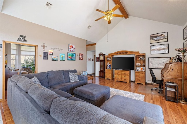 living room featuring hardwood / wood-style floors, ceiling fan, beamed ceiling, and high vaulted ceiling