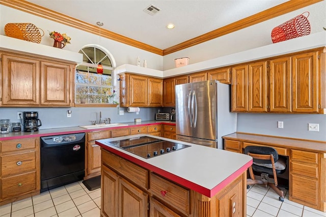 kitchen featuring crown molding, sink, black appliances, a kitchen island, and light tile patterned flooring