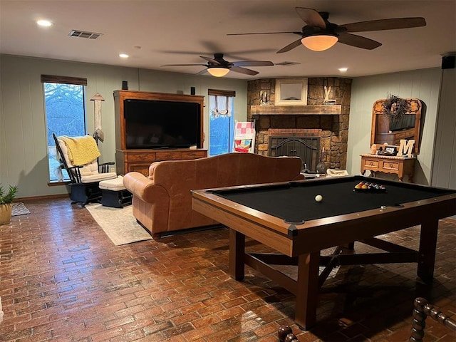 game room featuring a fireplace and billiards