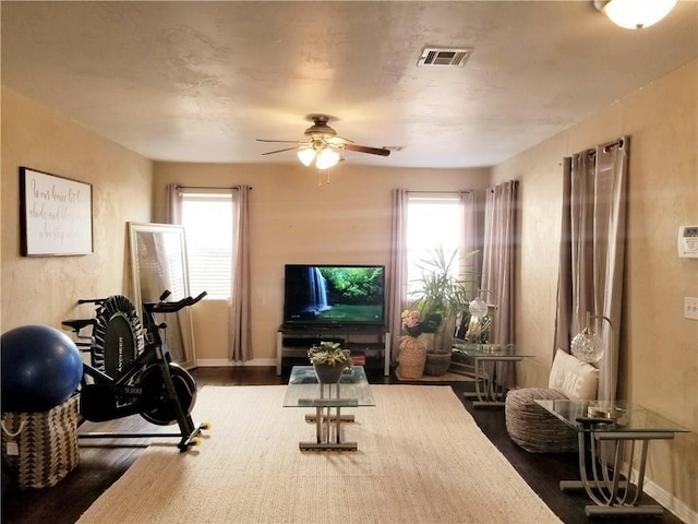 workout area featuring ceiling fan, a healthy amount of sunlight, and dark hardwood / wood-style floors