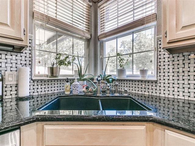 kitchen with tasteful backsplash, light brown cabinetry, a healthy amount of sunlight, and sink