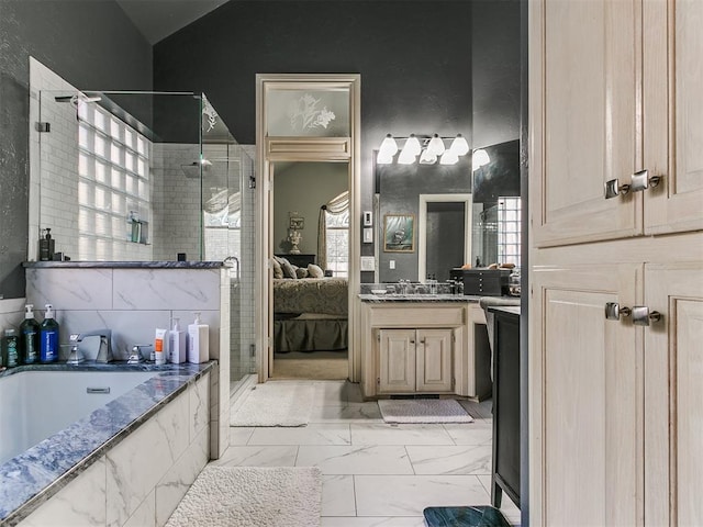 bathroom with plus walk in shower, vanity, and vaulted ceiling