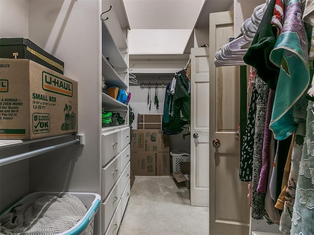 walk in closet featuring light carpet