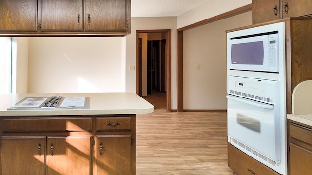 kitchen with white appliances and light hardwood / wood-style flooring