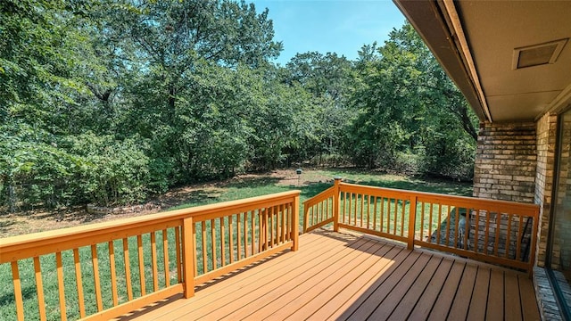 wooden deck featuring a lawn