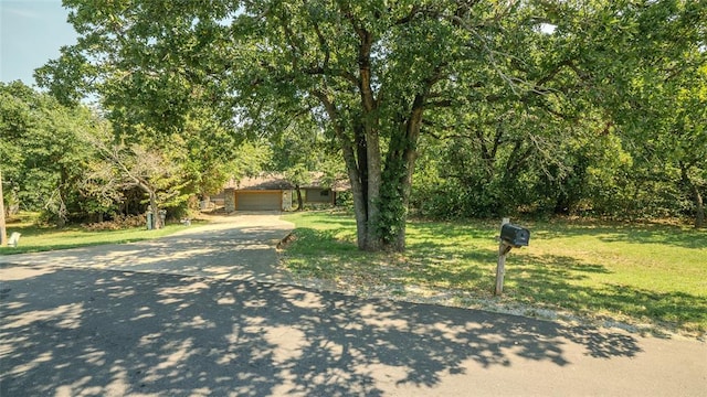 view of property hidden behind natural elements featuring a garage and a front lawn