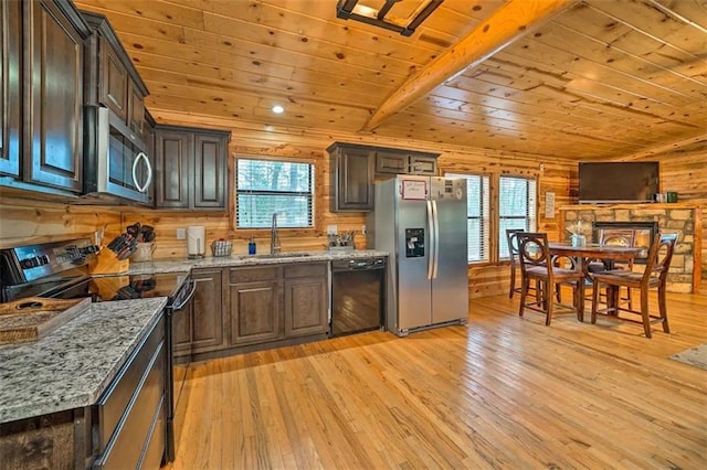 kitchen featuring sink, wooden ceiling, light stone counters, appliances with stainless steel finishes, and light wood-type flooring